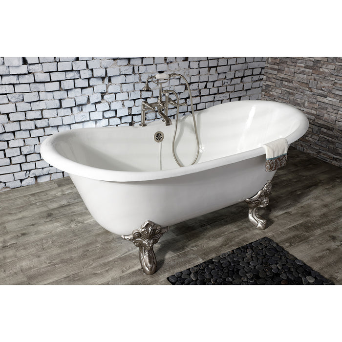 Aqua Eden VCT7DS6731NL8 67-Inch Cast Iron Double Slipper Clawfoot Tub with 7-Inch Faucet Drillings, White/Brushed Nickel