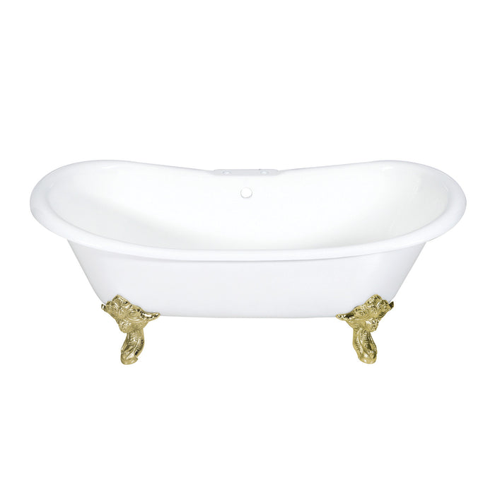 Aqua Eden VCT7DS7231NL2 72-Inch Cast Iron Double Slipper Clawfoot Tub with 7-Inch Faucet Drillings, White/Polished Brass