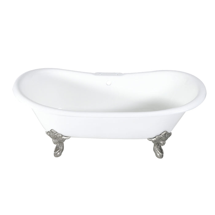 Aqua Eden VCT7DS7231NL8 72-Inch Cast Iron Double Slipper Clawfoot Tub with 7-Inch Faucet Drillings, White/Brushed Nickel
