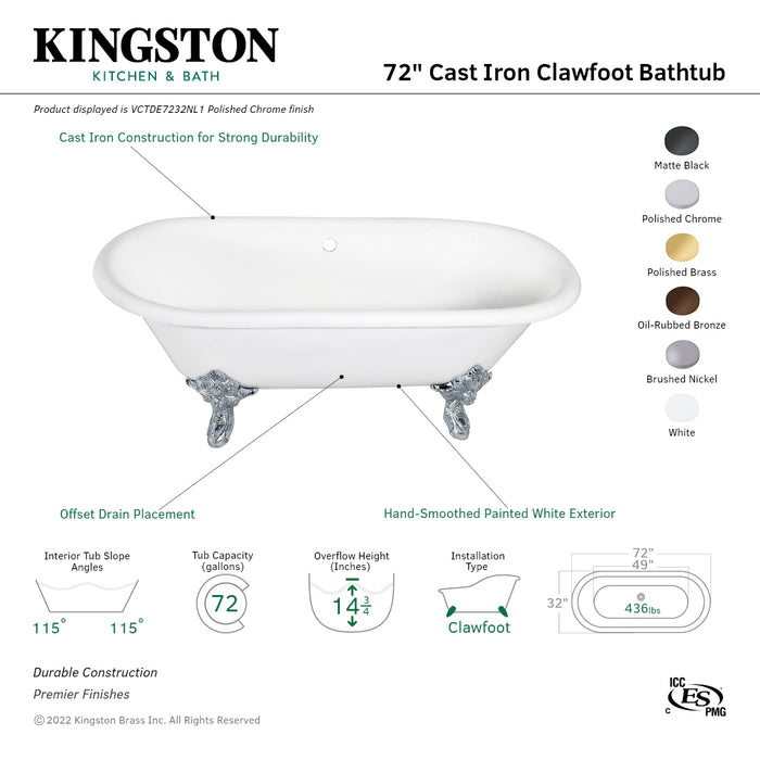 Aqua Eden VCTDE7232NL5 72-Inch Cast Iron Double Ended Clawfoot Tub (No Faucet Drillings), White/Oil Rubbed Bronze
