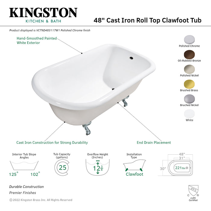 Aqua Eden VCTND483117W1 48-Inch Cast Iron Roll Top Clawfoot Tub (No Faucet Drillings), White/Polished Chrome