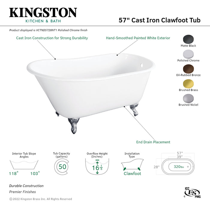 Onamia VCTND5728NT0 57-Inch Cast Iron Single Slipper Clawfoot Tub (No Faucet Drillings), White/Matte Black