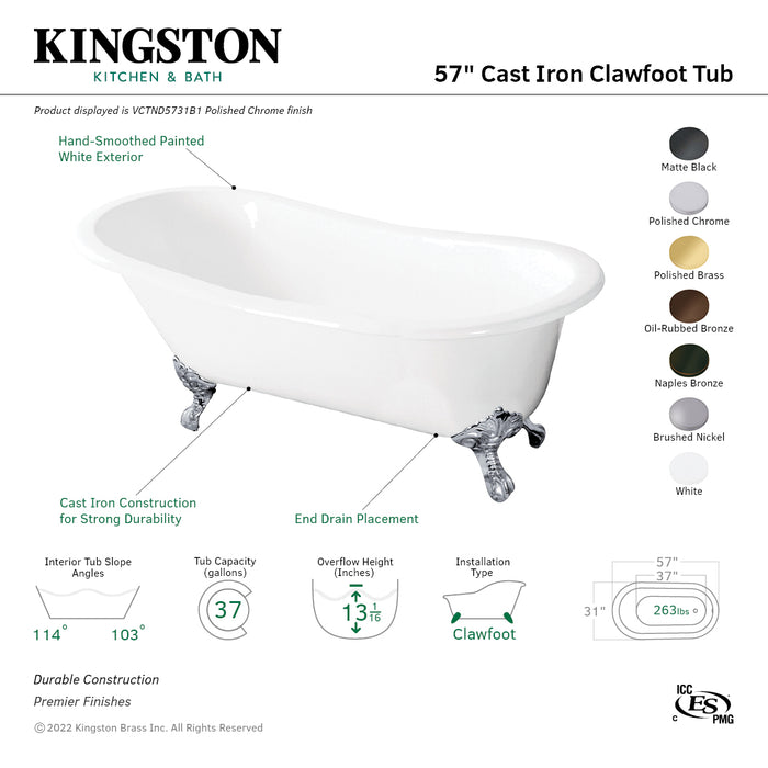Tazatina VCTND5731B2 57-Inch Cast Iron Single Slipper Clawfoot Tub (No Faucet Drillings), White/Polished Brass