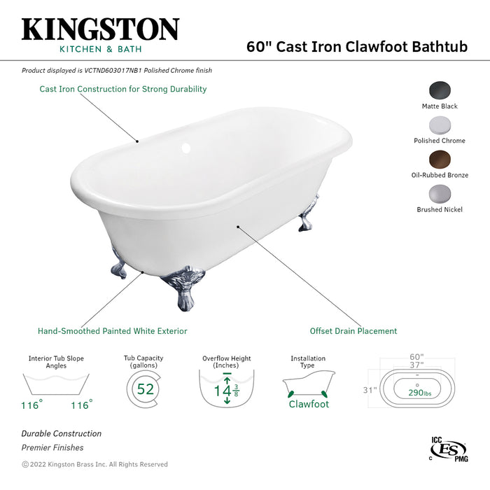 Aqua Eden VCTND603017NB5 60-Inch Cast Iron Double Ended Clawfoot Tub (No Faucet Drillings), White/Oil Rubbed Bronze