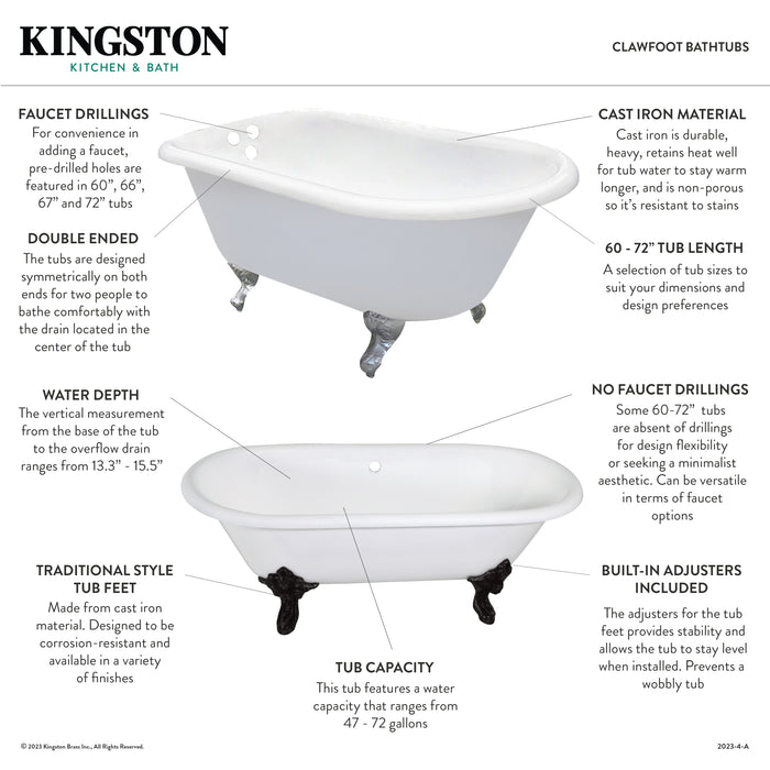 Aqua Eden VCTND603017NB8 60-Inch Cast Iron Double Ended Clawfoot Tub (No Faucet Drillings), White/Brushed Nickel
