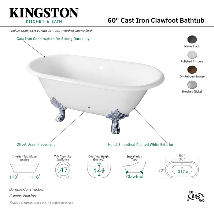 Aqua Eden VCTND603119NC1 60-Inch Cast Iron Double Ended Clawfoot Tub (No Faucet Drillings), White/Polished Chrome