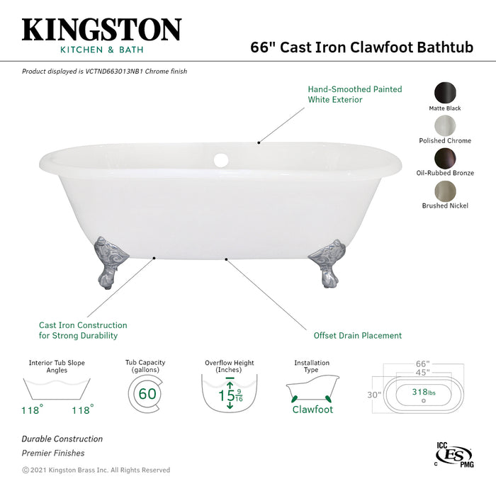 Aqua Eden VCTND663013NB8 66-Inch Cast Iron Double Ended Clawfoot Tub (No Faucet Drillings), White/Brushed Nickel