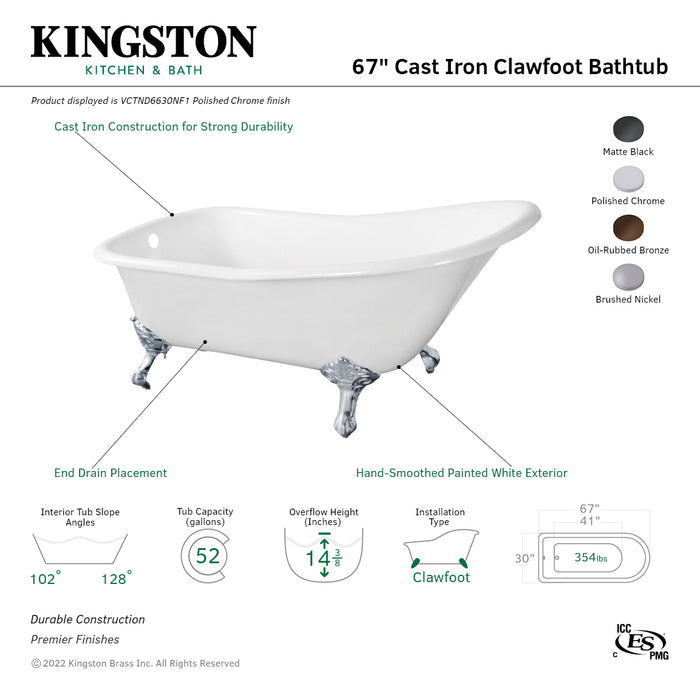 Aqua Eden VCTND6630NF8 67-Inch Cast Iron Single Slipper Clawfoot Tub (No Faucet Drillings), White/Brushed Nickel