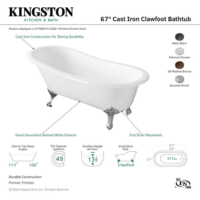 Aqua Eden VCTND673122ZB8 67-Inch Cast Iron Single Slipper Clawfoot Tub (No Faucet Drillings), White/Brushed Nickel