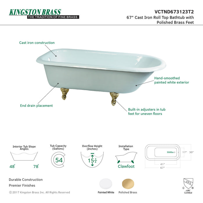 Aqua Eden VCTND673123T2 66-Inch Cast Iron Roll Top Clawfoot Tub (No Faucet Drillings), White/Polished Brass