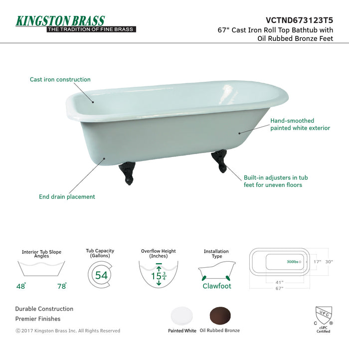 Aqua Eden VCTND673123T5 66-Inch Cast Iron Roll Top Clawfoot Tub (No Faucet Drillings), White/Oil Rubbed Bronze