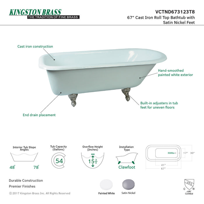 Aqua Eden VCTND673123T8 66-Inch Cast Iron Roll Top Clawfoot Tub (No Faucet Drillings), White/Brushed Nickel