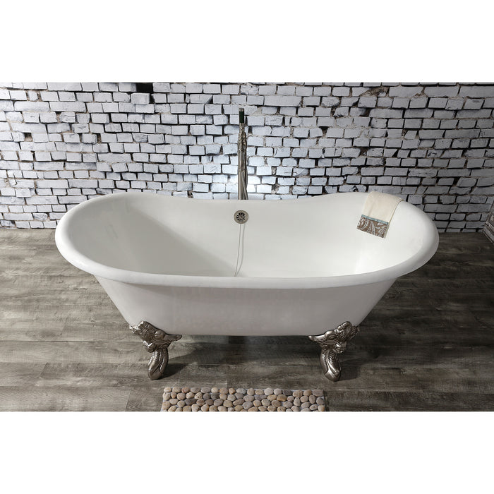 Aqua Eden VCTNDS6731NL8 67-Inch Cast Iron Double Slipper Clawfoot Tub (No Faucet Drillings), White/Brushed Nickel