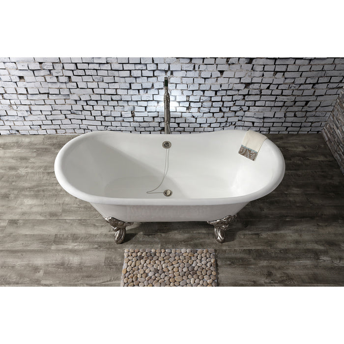 Aqua Eden VCTNDS6731NL8 67-Inch Cast Iron Double Slipper Clawfoot Tub (No Faucet Drillings), White/Brushed Nickel