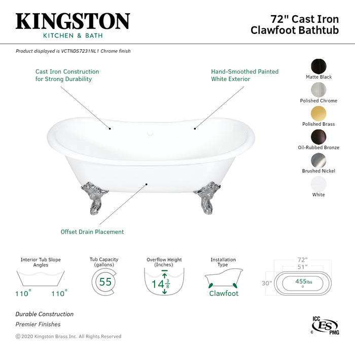 Aqua Eden VCTNDS7231NL2 72-Inch Cast Iron Double Slipper Clawfoot Tub (No Faucet Drillings), White/Polished Brass