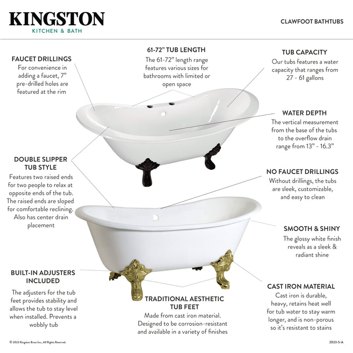 Aqua Eden VCTNDS7231NL2 72-Inch Cast Iron Double Slipper Clawfoot Tub (No Faucet Drillings), White/Polished Brass