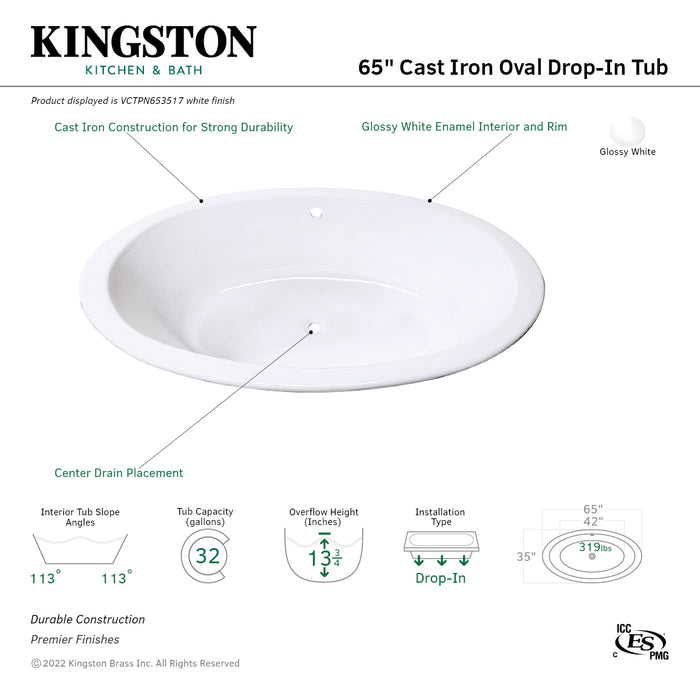 Aqua Eden VCTPN653517 65-Inch Cast Iron Oval Drop-In Tub with Center Drain Hole, White