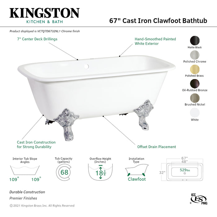 Aqua Eden VCTQ7D6732NL0 67-Inch Cast Iron Double Ended Clawfoot Tub with 7-Inch Faucet Drillings, White/Matte Black