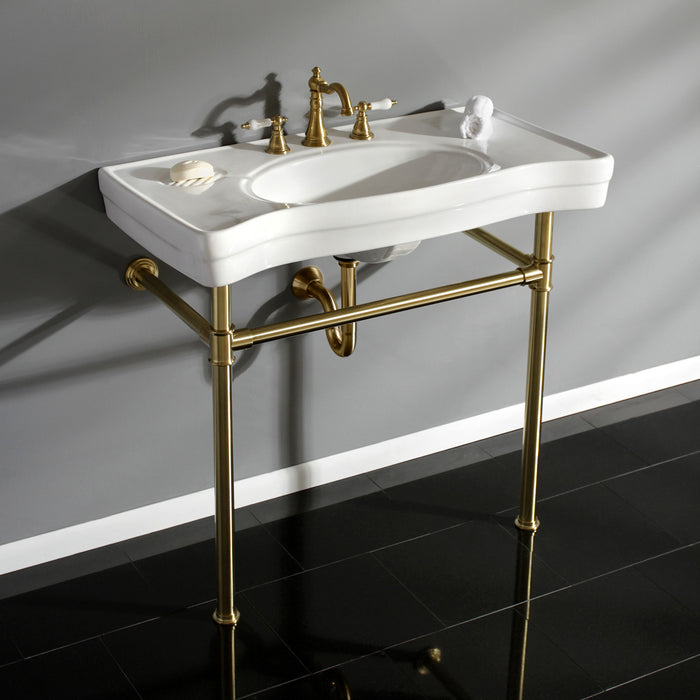 Imperial VPB1367ST Ceramic Console Sink with Stainless Steel Legs, White/Brushed Brass