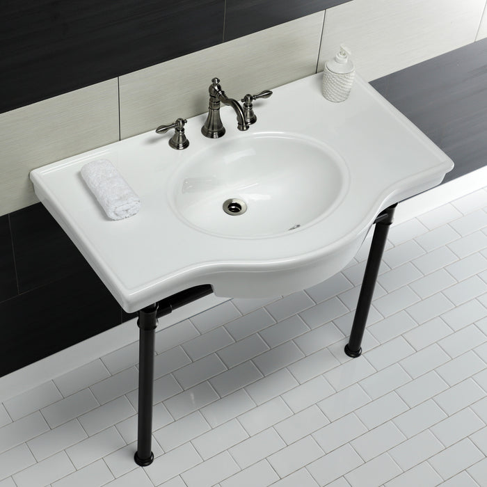 Kingston Tulare VPB1375ST - Templeton 37-Inch Ceramic Console Sink with Stainless Steel Legs (8-Inch, 3-Hole), White/Oil Rubbed Bronze