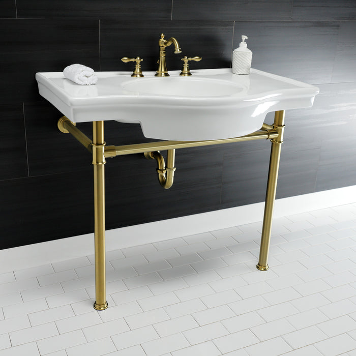 Templeton VPB1377ST 37-Inch Ceramic Console Sink with Stainless Steel Legs (8-Inch, 3-Hole), White/Brushed Brass