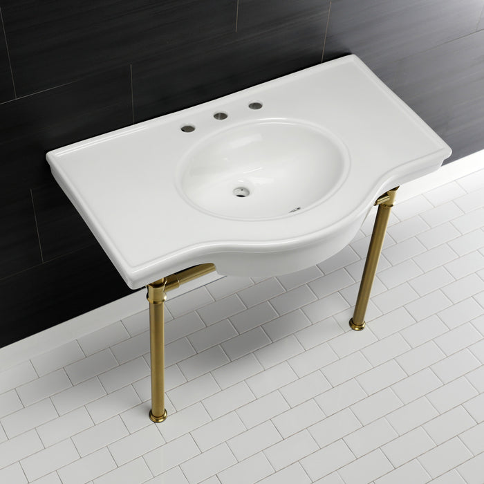 Templeton VPB1377ST 37-Inch Ceramic Console Sink with Stainless Steel Legs (8-Inch, 3-Hole), White/Brushed Brass