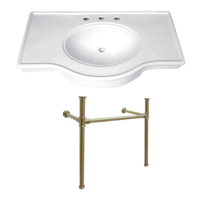Templeton VPB1377ST 37-Inch Ceramic Console Sink with Stainless Steel Legs (8-Inch, 3-Hole), White/Brushed Brass