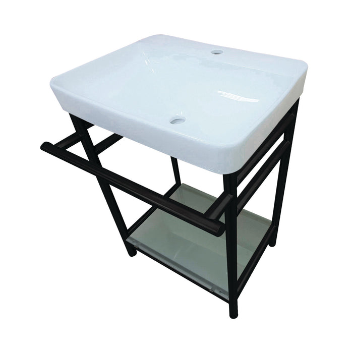 Sheridan VPB23180 23-Inch Ceramic Console Sink with Stainless Steel Legs and Glass Shelf (1-Hole), White/Matte Black