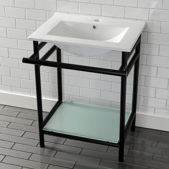 Kingston Sona VPB24187W10 - Sheridan 24-Inch Ceramic Console Sink with Stainless Steel Legs and Glass Shelf (1-Hole), White/Matte Black