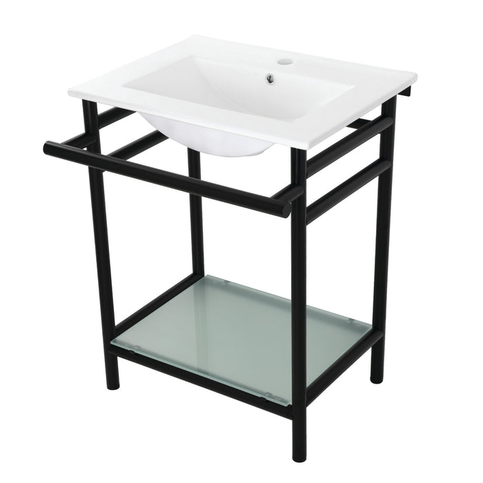 Kingston Sona VPB24187W10 - Sheridan 24-Inch Ceramic Console Sink with Stainless Steel Legs and Glass Shelf (1-Hole), White/Matte Black