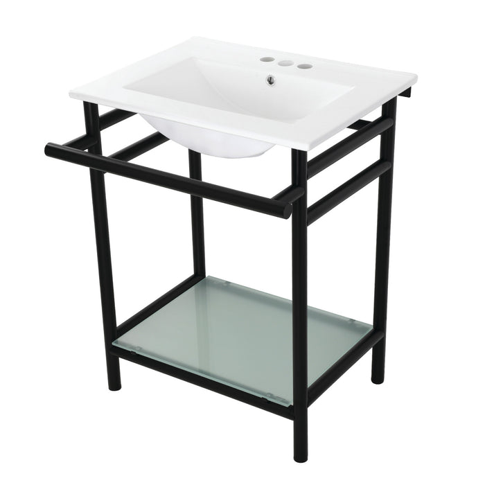 Kingston Sona VPB24187W40 - Sheridan 24-Inch Ceramic Console Sink with Stainless Steel Legs and Glass Shelf (4-Inch, 3-Hole), White/Matte Black