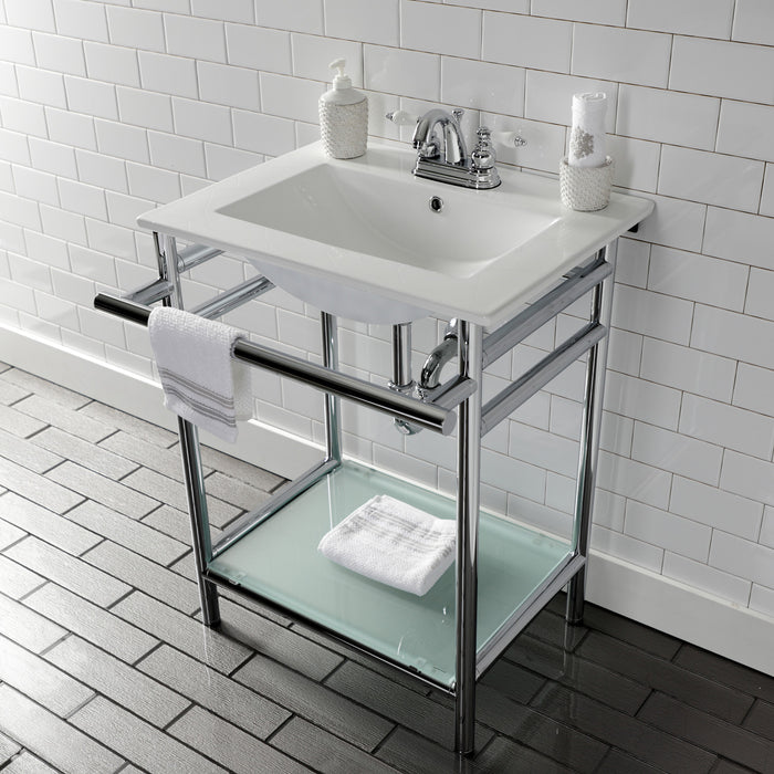 Kingston Sona VPB24187W41 - Sheridan 24-Inch Ceramic Console Sink with Stainless Steel Legs and Glass Shelf (4-Inch, 3-Hole), White/Polished Chrome