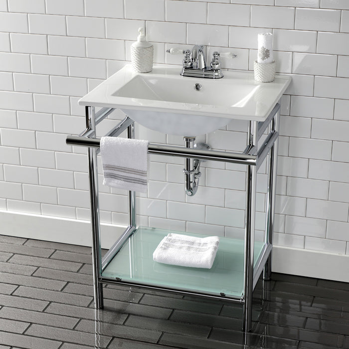 Kingston Sona VPB24187W41 - Sheridan 24-Inch Ceramic Console Sink with Stainless Steel Legs and Glass Shelf (4-Inch, 3-Hole), White/Polished Chrome