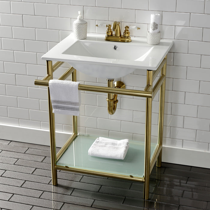 Fauceture VPB24187W47 24-Inch Ceramic Console Sink Set, White/Brushed Brass