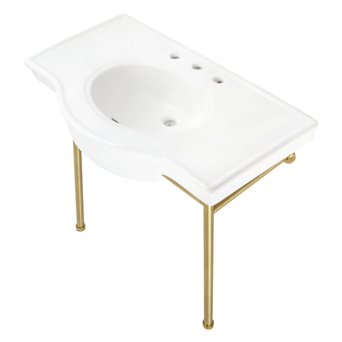 Manchester VPB28140W8BB 37-Inch Console Sink with Stainless Steel Legs (8-Inch, 3 Hole), White/Brushed Brass