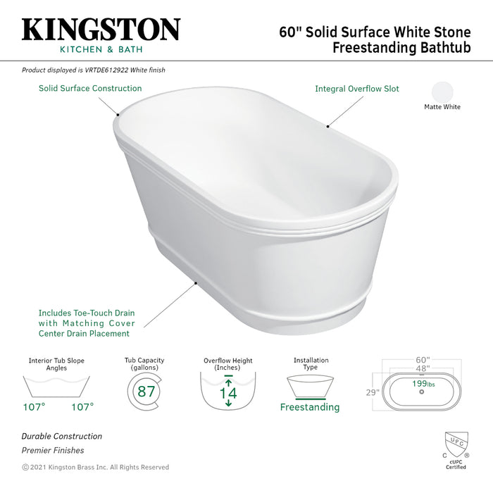 Arcticstone VRTDE612922 60-Inch Double Ended Solid Surface Freestanding Tub with Drain, Glossy White/Matte White