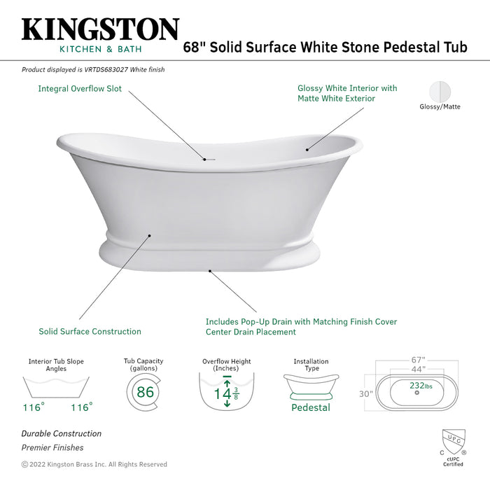Arcticstone VRTDS683027 67-Inch Solid Surface White Stone Pedestal Tub with Drain, Matte White/Glossy White