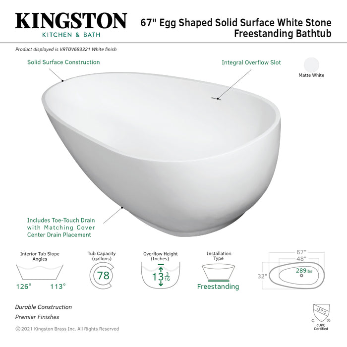 Arcticstone VRTOV683321 67-Inch Egg Shaped Solid Surface Freestanding Tub with Drain, Glossy White/Matte White