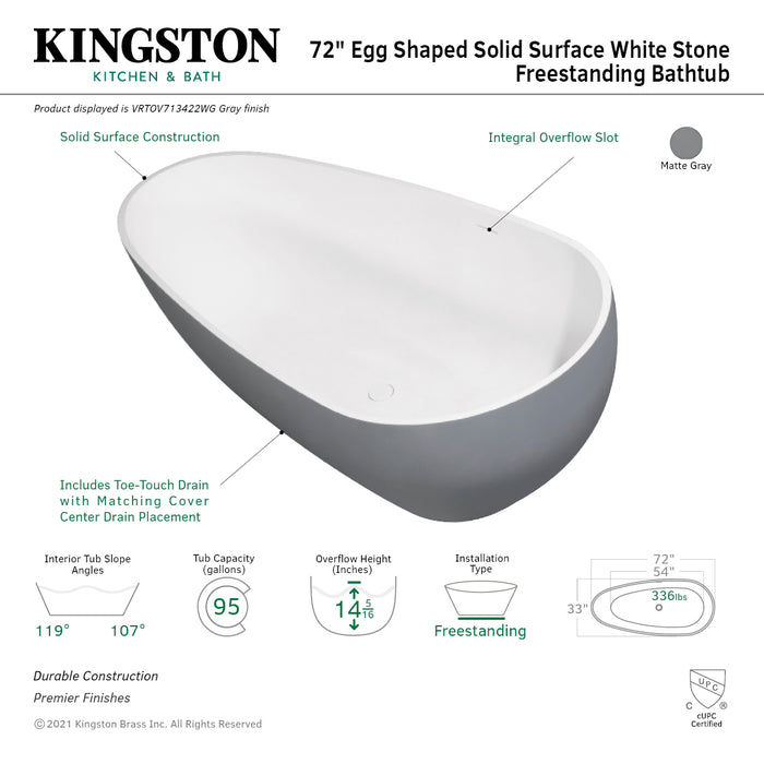 Arcticstone VRTOV713422WG 72-Inch Egg Shaped Solid Surface Freestanding Tub with Drain, Glossy White/Matte Gray