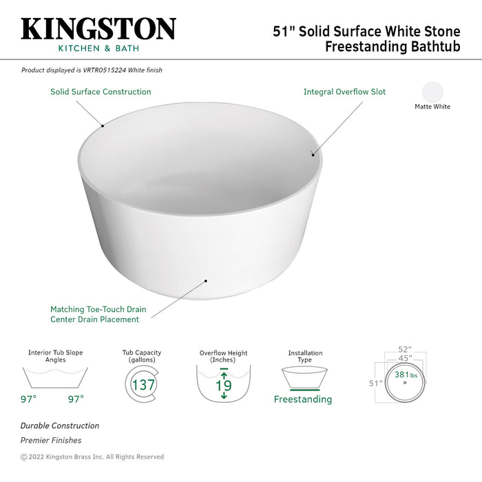 Arcticstone VRTRO515224 52-Inch Round Solid Surface Freestanding Tub with Drain, Matte White
