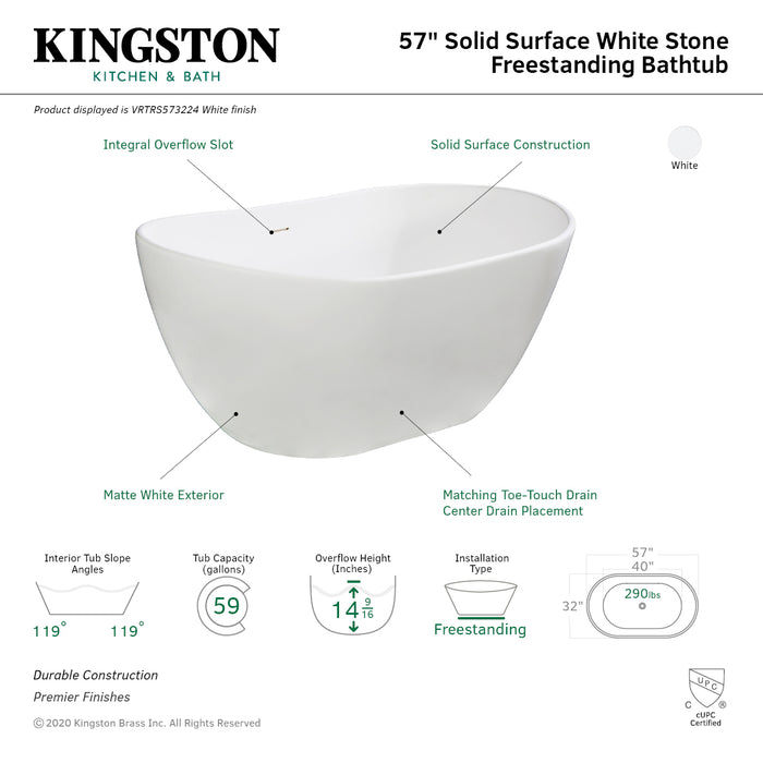 Arcticstone VRTRS573224 56-Inch Solid Surface White Stone Freestanding Tub with Drain, Matte White