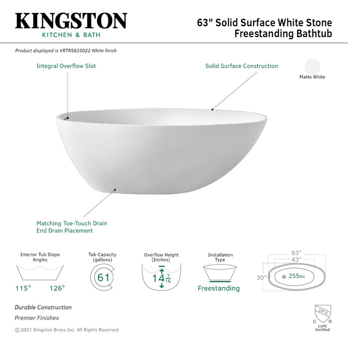 Arcticstone VRTRS633022 63-Inch Solid Surface White Stone Freestanding Tub with Drain, Matte White