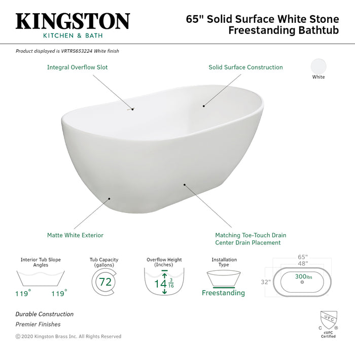 Arcticstone VRTRS653224 65-Inch Solid Surface White Stone Freestanding Tub with Drain, Matte White
