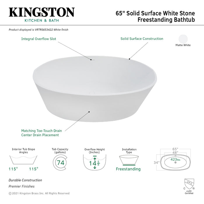 Arcticstone VRTRS653422 65-Inch Solid Surface White Stone Freestanding Tub with Drain, Matte White