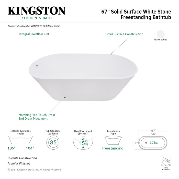 Arcticstone VRTRS673123 67-Inch Solid Surface White Stone Freestanding Tub with Drain, Matte White