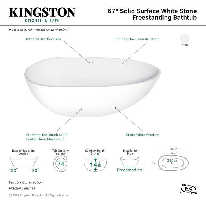 Arcticstone VRTRS673422 67-Inch Solid Surface White Stone Freestanding Tub with Drain, Matte White