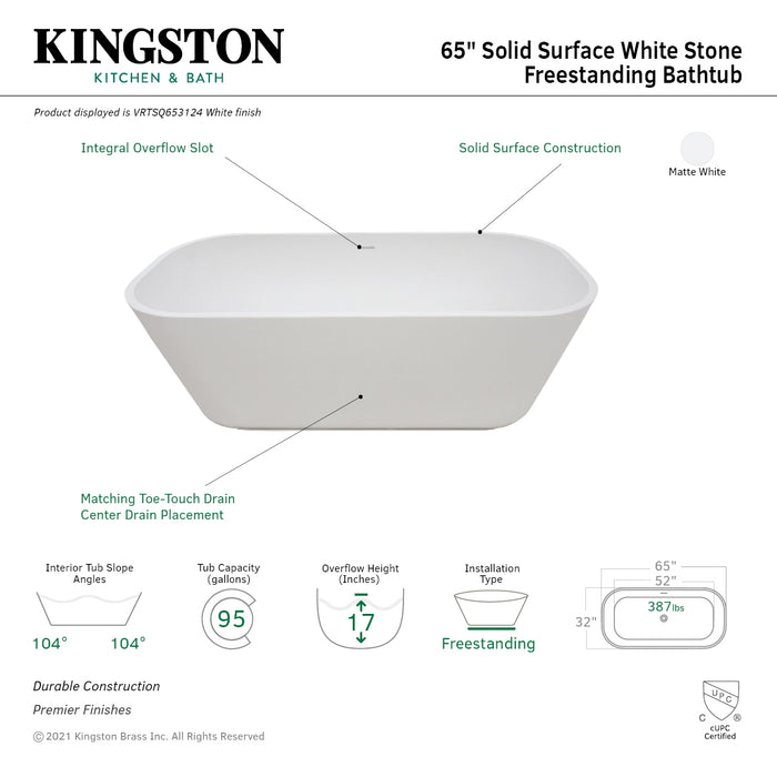 Arcticstone VRTSQ653124 65-Inch Solid Surface White Stone Freestanding Tub with Drain, Matte White