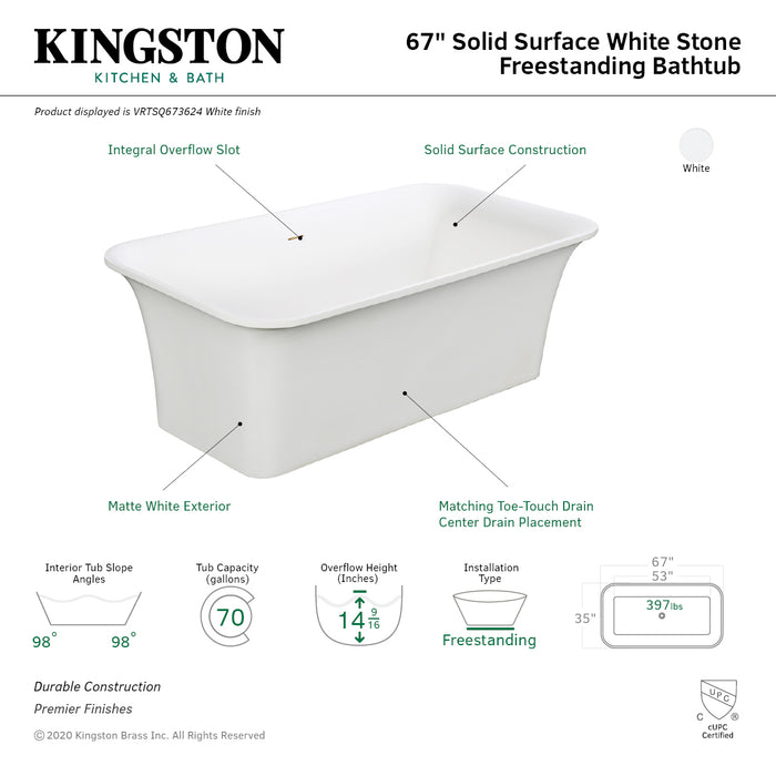 Arcticstone VRTSQ673624 67-Inch Solid Surface White Stone Freestanding Tub with Drain, Matte White