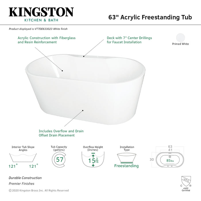 Aqua Eden VT7DE633023 63-Inch Acrylic Freestanding Tub with 7-Inch Faucet Drillings, White