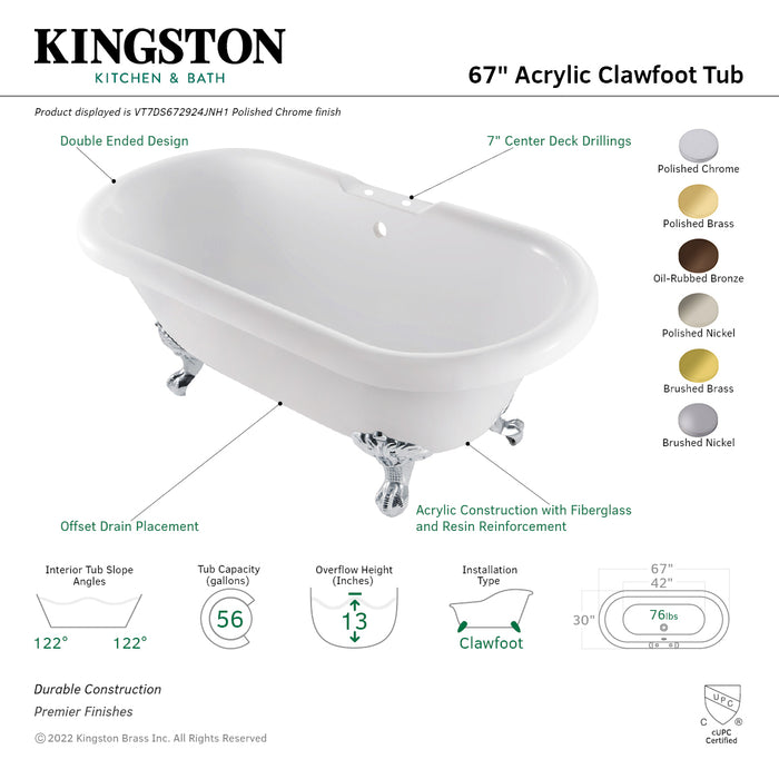 Aqua Eden VT7DS672924JNH2 67-Inch Acrylic Clawfoot Tub with 7-Inch Faucet Drillings, White/Polished Brass